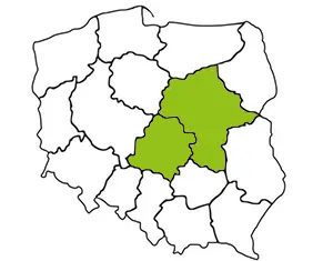 Mapa polski z zaznaczonym województwem mazowieckim i łódzkim